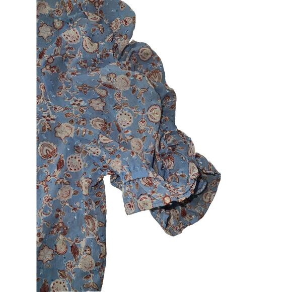 Carolina Belle Blouse Women M Blue Short Ruched Sleeve Dotted Swiss Ruffle Neck - Picture 3 of 6